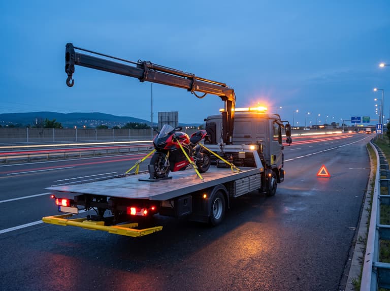 Motorkerékpár rögzítve az autómentő platóján – autómentés Gyöngyös